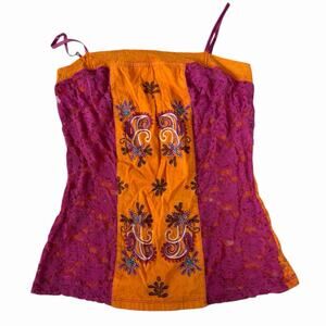 Promod Square Neck Orange And Pink Lace Embroidered Beaded Cami Top Size Small